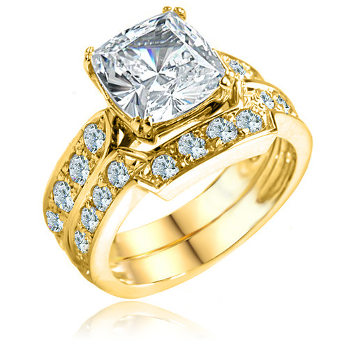 Bridal Set with Contoured Matching Band with simulated lab grown diamond quality cubic zirconia in 14k yellow gold.