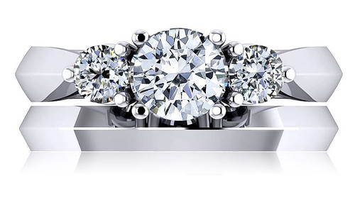 Round 1 Carat Three Stone Knife Edge Wedding Set with laboratory grown diamond quality cubic zirconia in platinum.