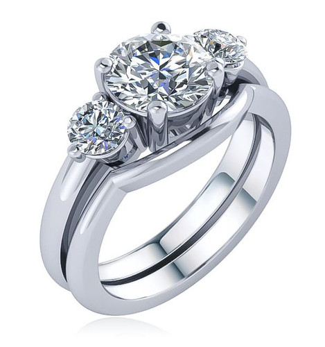 Round Three Stone Contoured Wedding Set with laboratory grown diamond quality cubic zirconia in 14k white gold.