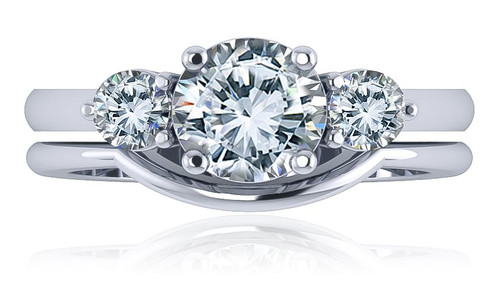 Round Three Stone Contoured Wedding Set with lab grown diamond alternative cubic zirconia in platinum.