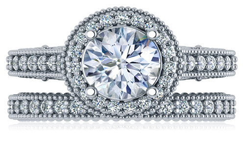Round 1.5 Carat Cathedral Pave Halo Vintage Wedding Set with lab grown diamond simulant cubic zirconia in platinum.