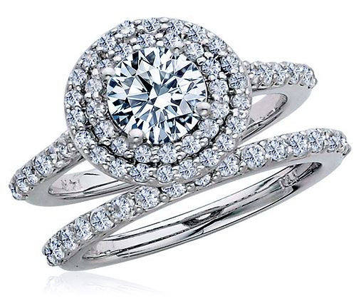 Alessia 1 carat round double halo lab grown diamond alternative cubic zirconia cathedral pave wedding set in 14k white gold.