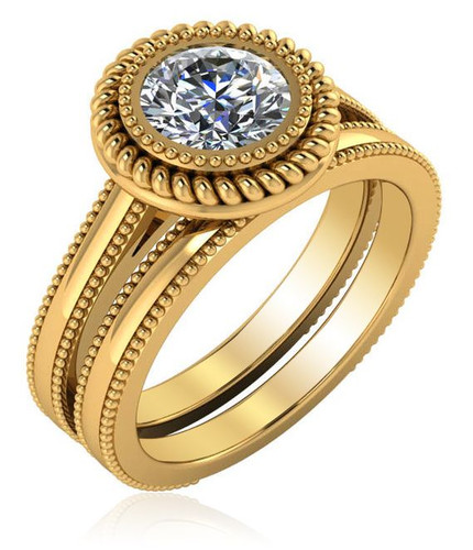 Capricia 1 carat lab grown diamond look cubic zirconia bezel set round rope halo milgrain wedding set in 14k yellow gold.