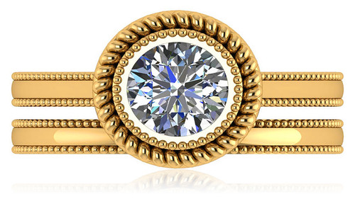 Capricia 1 carat lab grown diamond simulant cubic zirconia bezel set round rope halo milgrain wedding set in 18k yellow gold.