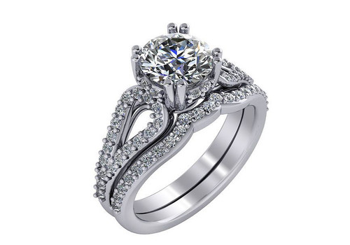 Round 1.5 Carat Double Prong Split Shank Cathedral Pave Bridal Set with lab grown diamond look cubic zirconia in 14k white gold.