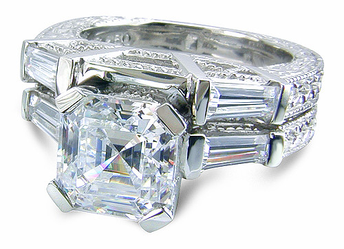 Engraved Antique 2.5 Carat Asscher Cut Baguette Wedding Set with lab grown diamond alternative cubic zirconia in platinum.