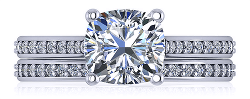 Cushion Cut 2.5 Carat Cathedral Pave Bridal Set with lab grown diamond quality cubic zirconia in 18k white gold.