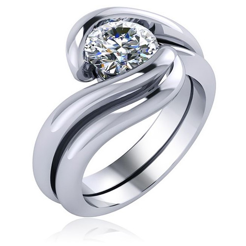 Round 1.25 Carat Bypass Semi Bezel Wedding Set with laboratory grown diamond look cubic zirconia in 14k white gold.