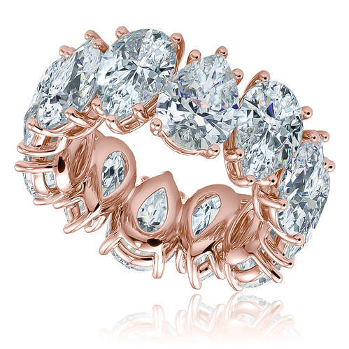 2 carats each 10x7mm pear shape lab grown diamond look cubic zirconia prong set eternity band, 14k rose gold.