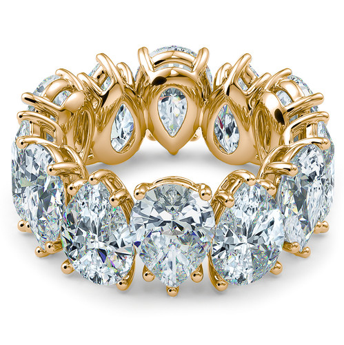 2 carats each 10x7mm pear shape lab grown diamond simulant cubic zirconia prong set eternity band, 18k yellow gold.
