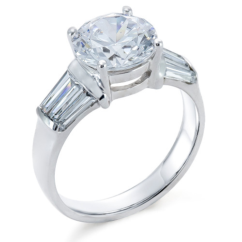 Kierston 2 carat round basket set lab grown diamond look cubic zirconia solitaire ring with triple channel set baguettes in 14k white gold.