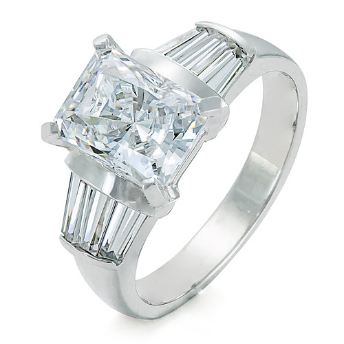 Kierston 1.5 carat radiant emerald cut lab grown diamond alternative cubic zirconia engagement ring with triple channel set baguette sides in 14k white gold.