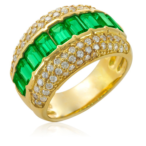 Evanna .50 carat each emerald green emerald cut and pavé lab grown diamond quality cubic zirconia wide band in 14k yellow gold.