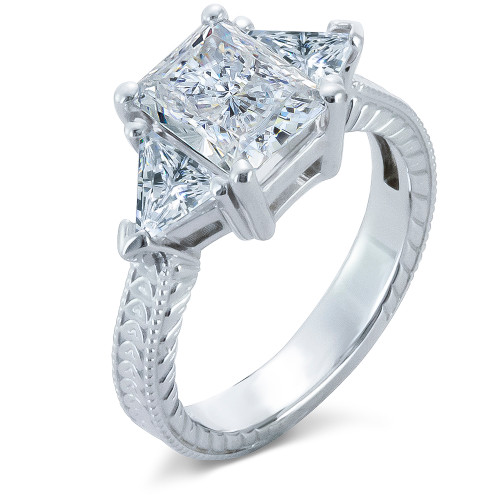 Radiant emerald cut 2.5 carat laboratory grown diamond alternative cubic zirconia trillion engraved estate style solitaire in 14k white gold.