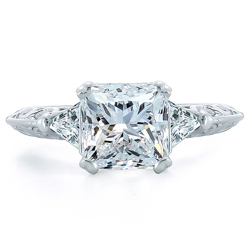 Princess cut 1.5 carat laboratory grown diamond alternative cubic zirconia trillion estate style solitaire in platinum.