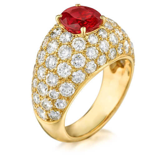 DeRosier domed 2 carat round double prong lab created red ruby and lab grown diamond alternative cubic zirconia pave ring in 14k yellow gold.