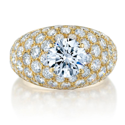 2 carat round laboratory grown diamond alternative cubic zirconia pavé domed ring in 14k yellow gold.