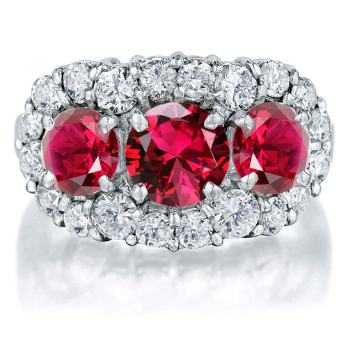 Trianna .75 carat round three stone lab grown diamond  look cubic zirconia and lab created red ruby halo ring in 18k white gold.