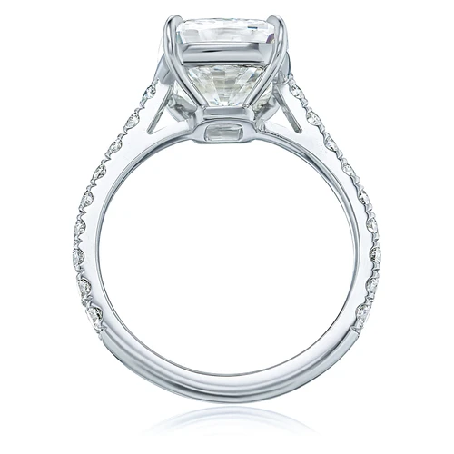 LeMar elongated cushion cut lab grown diamond alternative cubic zirconia cathedral pavé solitaire engagement rings in platinum.