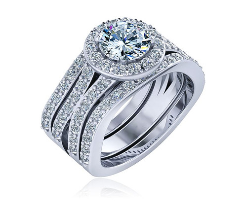 Viraje 1 carat round halo curved split shank pave lab grown diamond alternative cubic zirconia three ring wedding set in 14k white gold.