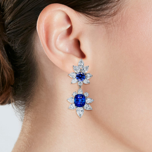 Regency cushion cut lab grown diamond quality cubic zirconia halo cluster drop earrings in 14k white gold.