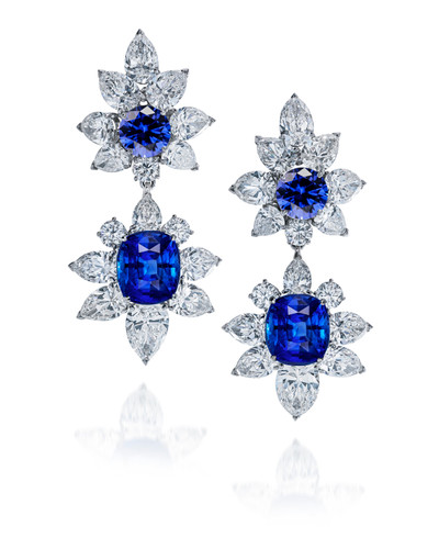 Regency cushion cut lab grown diamond simulant cubic zirconia halo cluster man made sapphire drop earrings in 14k white gold.