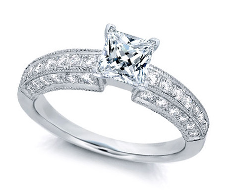 Princess Cut Pave Milgrain Engagement Ring with lab grown diamond alternative cubic zirconia in platinum.
