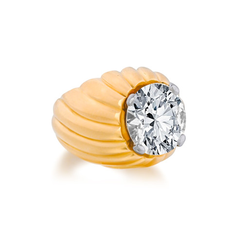 Toranado swirl gypsy dome 5.5 carat round lab grown diamond alternative cubic zirconia solitaire ring in 18k gold.
