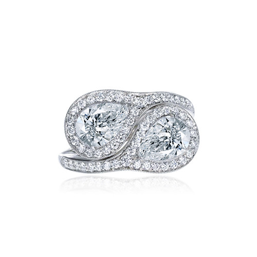 Kopra double pear bypass toi et moi pavé halo laboratory grown diamond alternative cubic zirconia ring in 14k white gold.