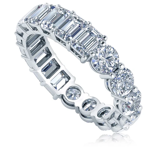 Alternity .25 carat round and emerald step cut lab grown diamond quality cubic zirconia eternity band in 14k white gold.
