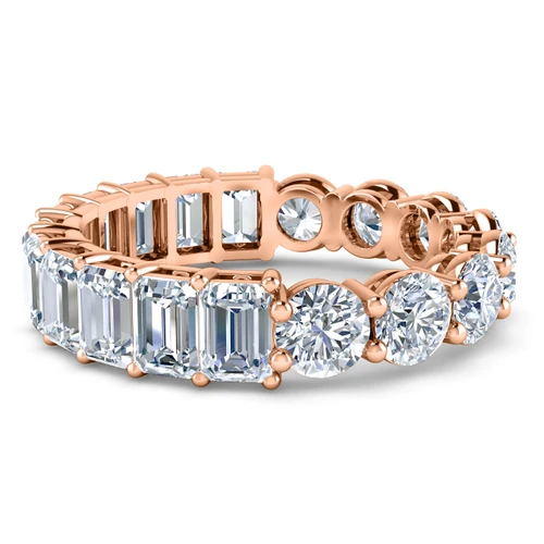 Alternity .25 carat round and emerald step cut laboratory grown diamond alternative cubic zirconia eternity band in 14k rose gold.