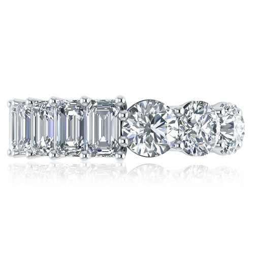 Alternity .50 carat round and emerald step cut lab grown diamond simulant cubic zirconia eternity band in platinum.