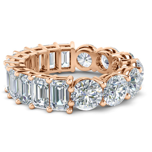 Alternity .50 carat round and emerald step cut laboratory grown diamond look cubic zirconia eternity band in 14k rose gold.