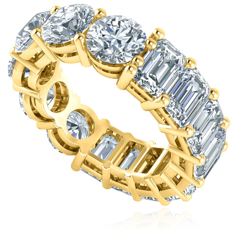 Alternity .75 carat round and emerald step cut laboratory grown diamond look cubic zirconia eternity band in 14k yellow gold.