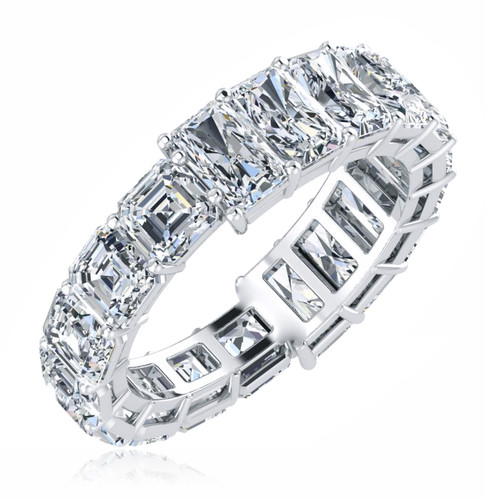 Alternity .50 carat asscher cut and emerald radiant cut lab grown diamond look cubic zirconia eternity band in 14k white gold.
