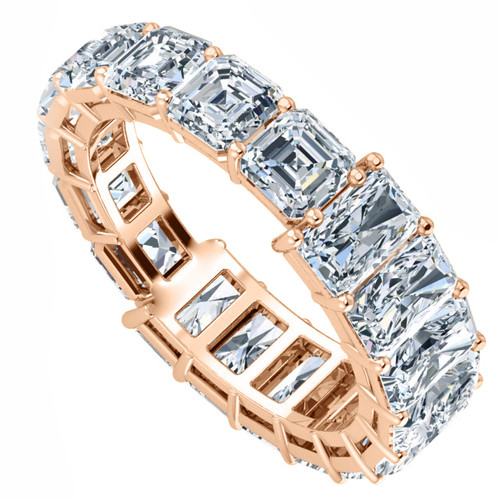 Alternity .50 carat asscher cut and emerald radiant cut laboratory grown diamond simulant cubic zirconia eternity band in 14k rose gold.