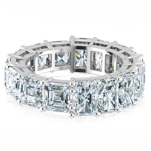 Alternity .75 carat asscher cut and emerald radiant cut lab grown diamond simulant cubic zirconia eternity band in 14k platinum gold.
