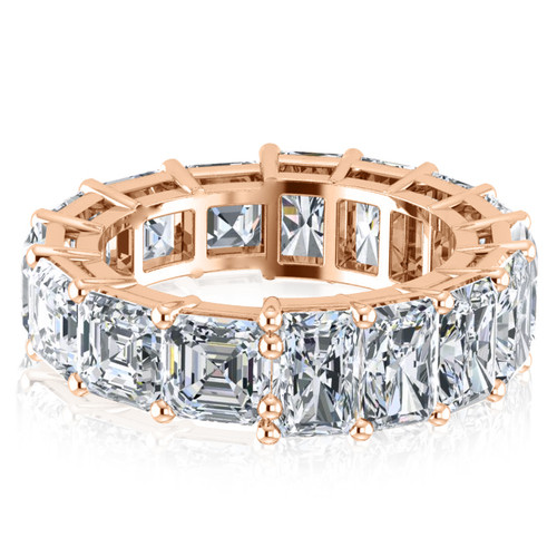 Alternity .75 carat asscher cut and emerald radiant cut lab grown diamond look cubic zirconia eternity band in 14k rose gold.