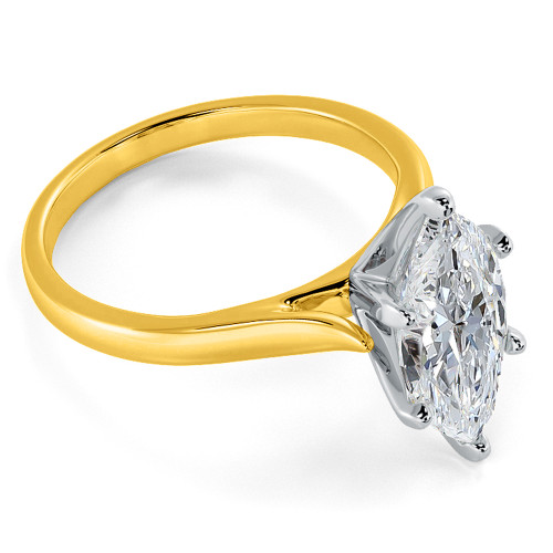 Marquise 2 carat lab grown diamond simulant cubic zirconia cathedral solitaire engagement ring in 14k yellow gold with 14k white gold prongs.
