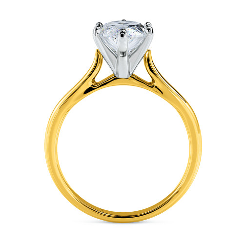 Marquise 2 carat lab grown diamond simulant cubic zirconia cathedral solitaire engagement ring in 14k yellow gold with 14k white gold prongs.