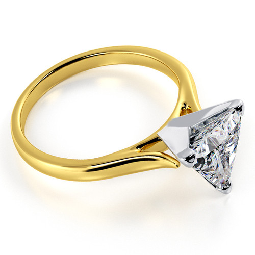 2.5 carat trillion triangle laboratory grown diamond simulant cubic zirconia cathedral solitaire engagement ring in 14k yellow gold with white gold prongs.