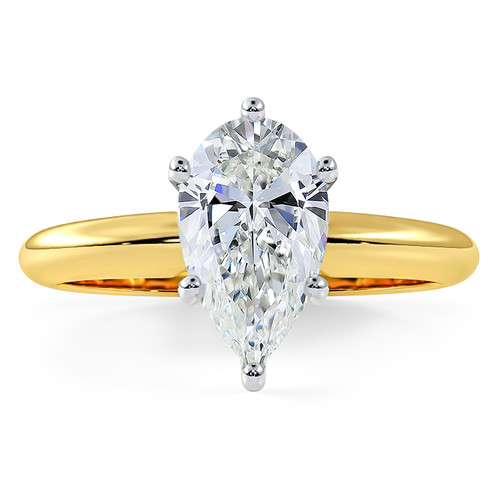 Pear shape 4 carat lab grown diamond look cubic zirconia 6 prong classic solitaire engagement ring in 14k yellow gold.