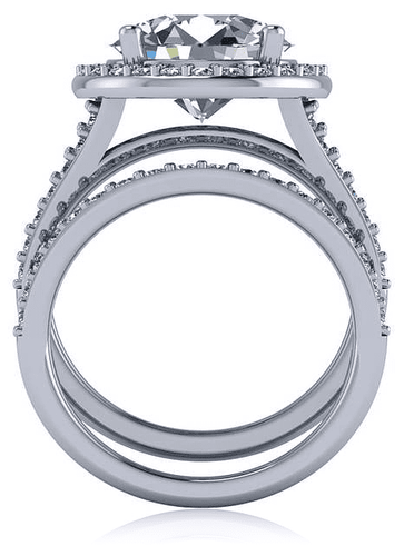 Round 7 carat pave halo lab grown diamond alternative cubic zirconia split shank cathedral wedding set in platinum.