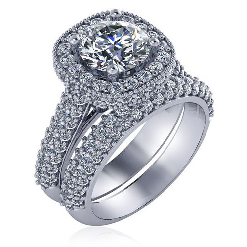 Round 1.5 Carat Pave Halo Cathedral Wedding Set with lab grown diamond alternative cubic zirconia in 14k white gold.