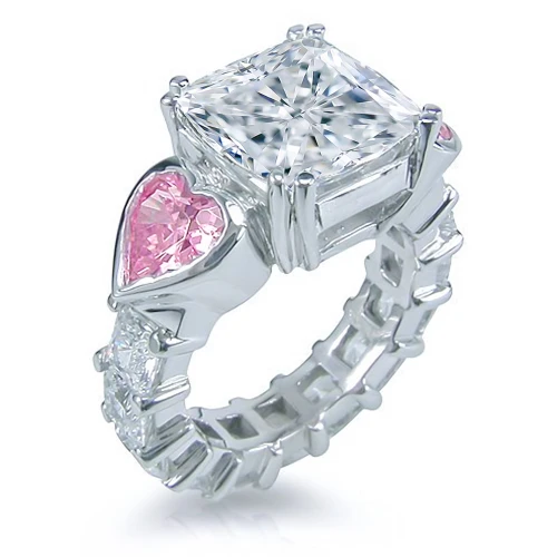 Cushion cut 5.5 carat split prong solitaire with pink heart and princess lab grown diamond alternative cubic zirconia in 14k white gold.