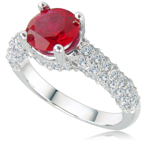 Correlli 1.25 carat man made ruby round lab grown diamond alternative cubic zirconia cathedral pave encrusted engagement ring in 14k white gold.