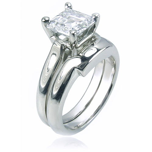 Sex and the City Inspired Step Cut Square Bridal Set with Contoured Matching Band with lab grown diamond look cubic zirconia in 14k white gold.