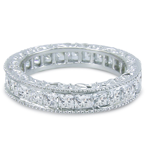 Engraved victorian channel set princess cut lab grown diamond alternative cubic zirconia engraved eternity wedding band in 14k white gold.