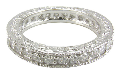 Engraved pave set round milgrain lab grown diamond alternative cubic zirconia eternity band in 14k white gold.