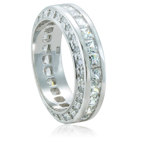 Channel set princess cut and pave set round lab grown diamond simulant cubic zirconia eternity band in 14k white gold.